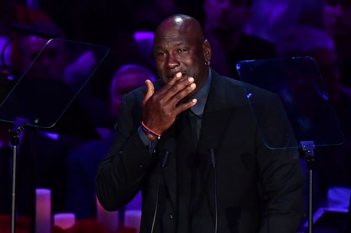 Michael Jordan cries as he gives his tribute to Bryant at the memorial service.