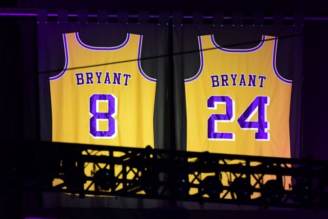 Kobe Bryant's retired Lakers numbers hang in the rafters during the memorial service.