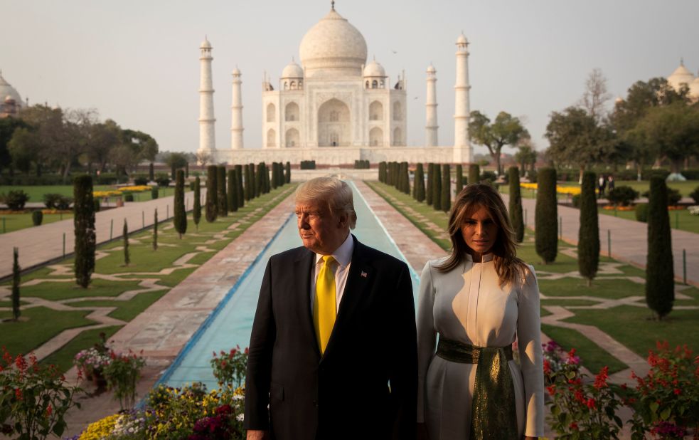 The President and the first lady pose for a photo during a visit to the Taj Mahal in Agra, India, on Monday, February 24.