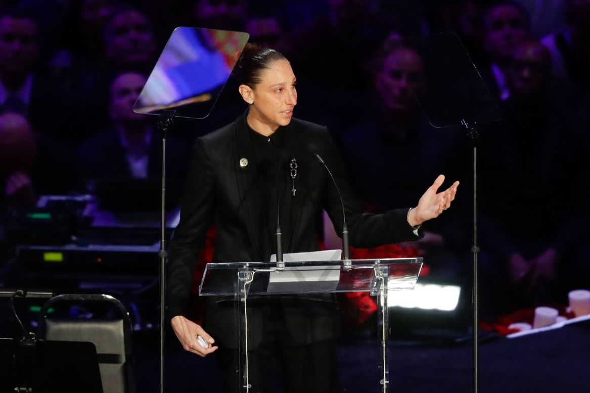 Diana Taurasi of the WNBA, who Bryant told CNN he could see playing in the NBA, speaks at the memorial service.