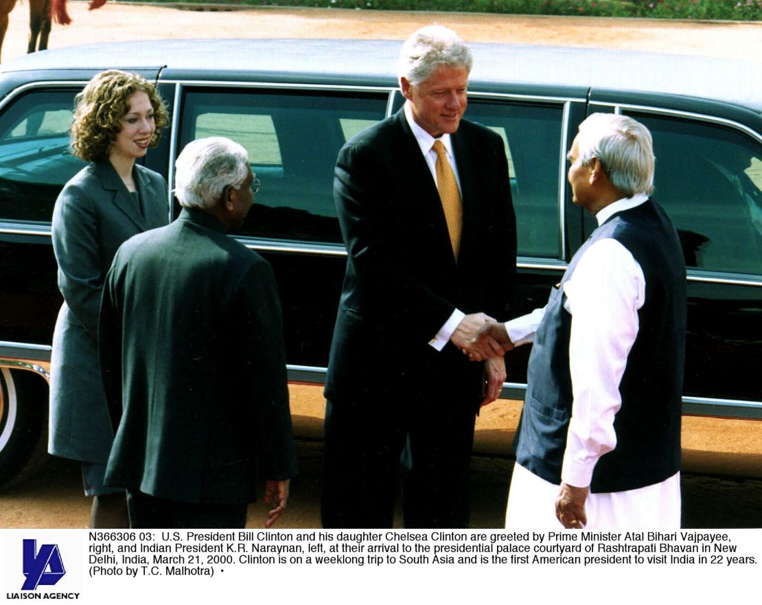 President Bill Clinton and his daughter, Chelsea, are greeted by Prime Minister Atal Bihari Vajpayee, right, and Indian President K.R. Naraynan, left, in New Delhi, India, March 21, 2000. 