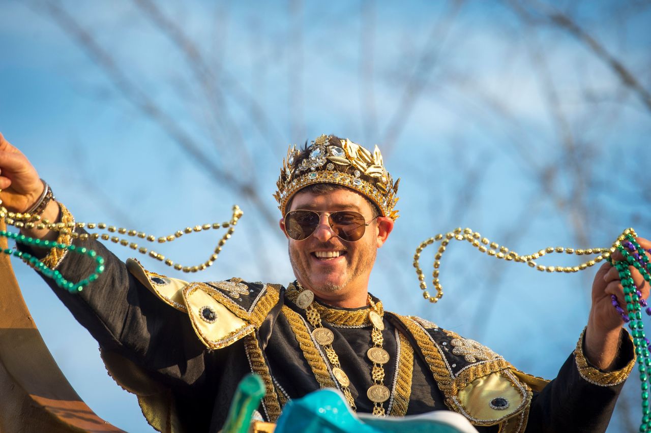 Singer Robin Thicke reigns as Bacchus LII during a parade on Sunday.