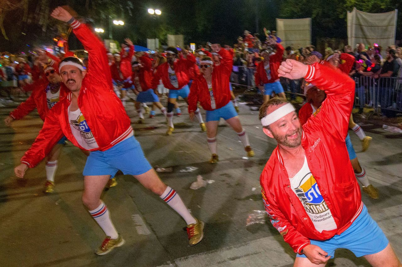 The 610 Stompers dance on Napoleon Avenue on Monday.