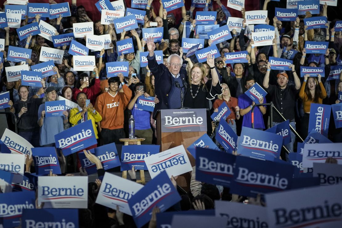  Democratic presidential candidate Sen. Bernie Sanders (I-VT) and his wife Jane Sanders wave to the crowd at the end of a campaign rally at Vic Mathias Shores Park on February 23, 2020 in Austin, Texas. 