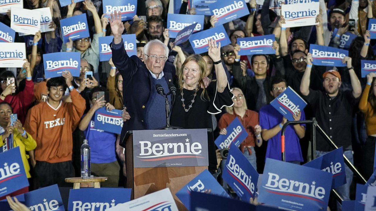  Democratic presidential candidate Sen. Bernie Sanders (I-VT) and his wife Jane Sanders wave to the crowd at the end of a campaign rally at Vic Mathias Shores Park on February 23, 2020 in Austin, Texas. 