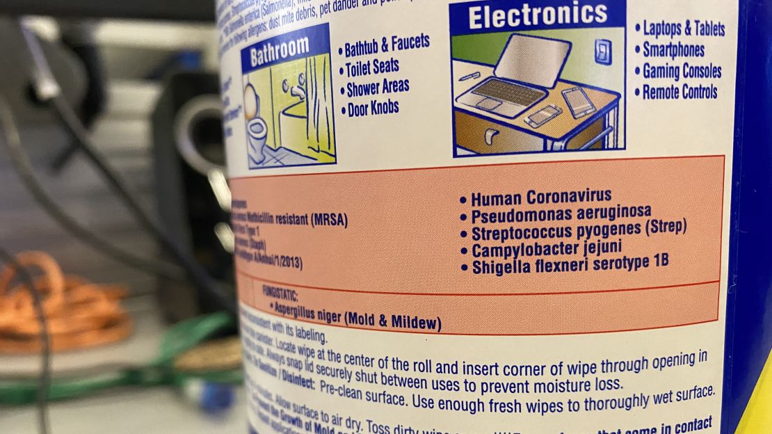 Labels on Lysol wipe containers mention human coronavirus as one of the viruses it disinfects. Under EPA guidance, the wipes are thought to disinfect the novel coronavirus, too.