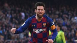 Barcelona's Argentine forward Lionel Messi celebrates after scoring during the Spanish league football match FC Barcelona against SD Eibar at the Camp Nou stadium in Barcelona on February 22, 2020. (Photo by Josep LAGO / AFP) (Photo by JOSEP LAGO/AFP via Getty Images)