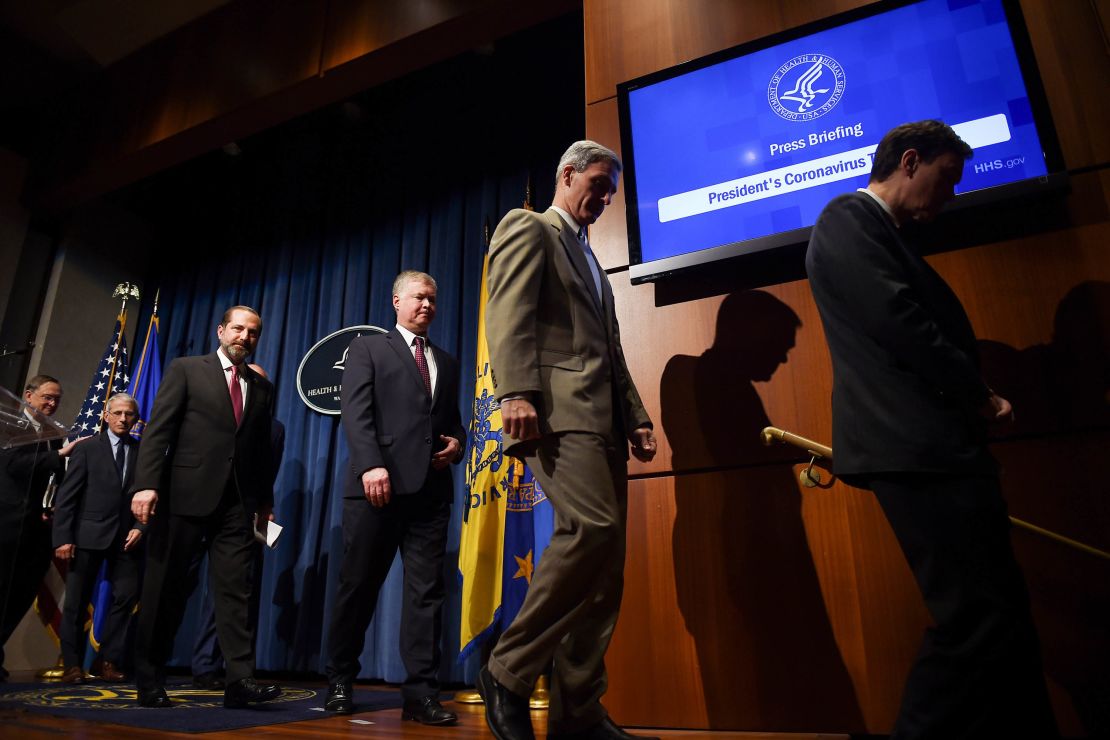 Health and Human Services Secretary Alex Azar (3L) flanked by other members of the President's Coronavirus Task Force, leave after a press conference.