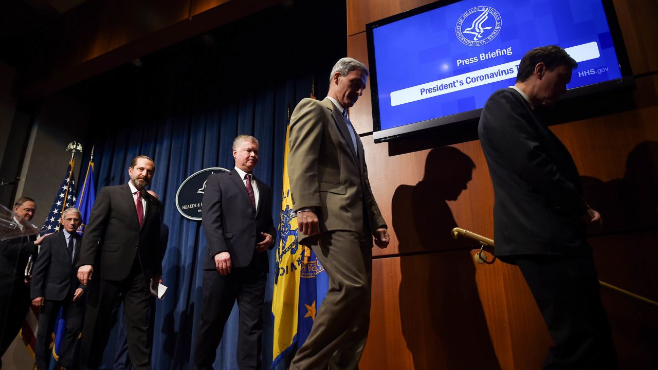Health and Human Services Secretary Alex Azar (3L) flanked by other members of the President's Coronavirus Task Force, leave after a press conference.