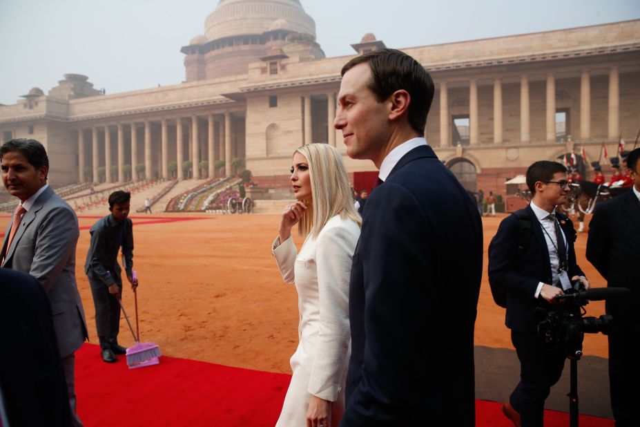 White House senior advisers Jared Kushner and Ivanka Trump arrive at the presidential palace Tuesday.