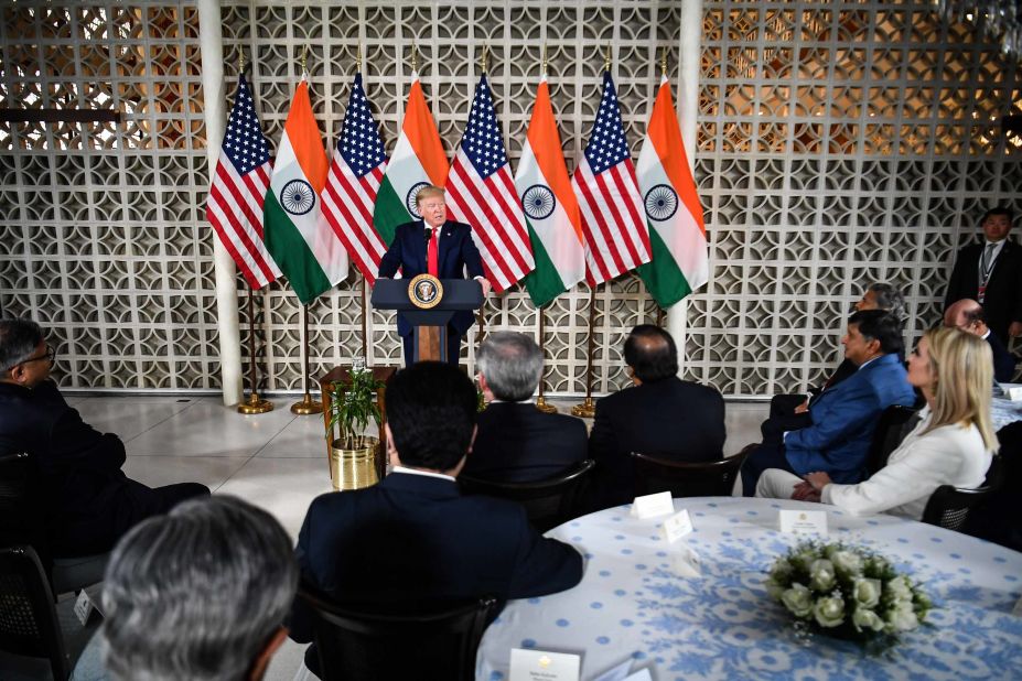 Trump speaks during a business roundtable in New Delhi.