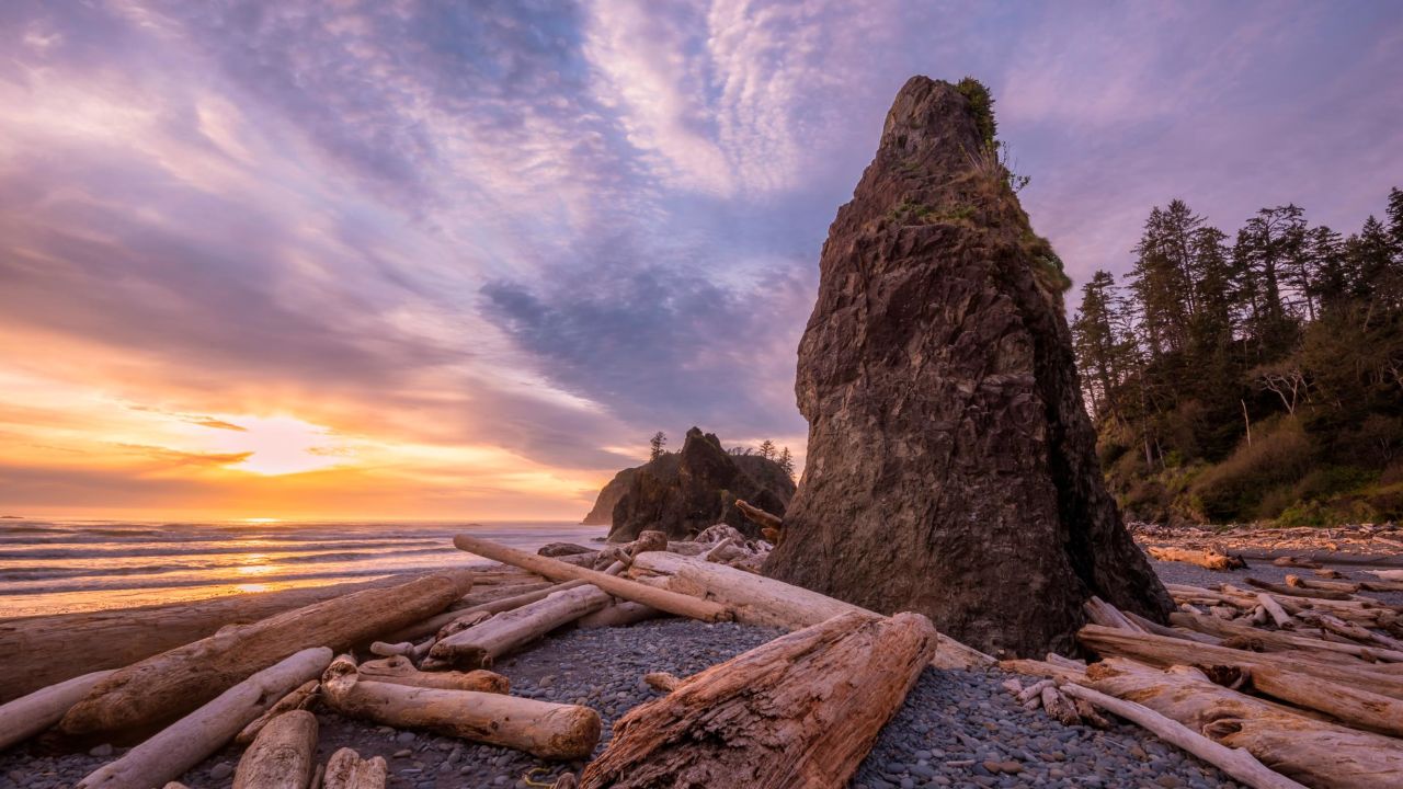 The sunset illumates Ruby Beach, which is part of Olympic National Park in Washington state. 