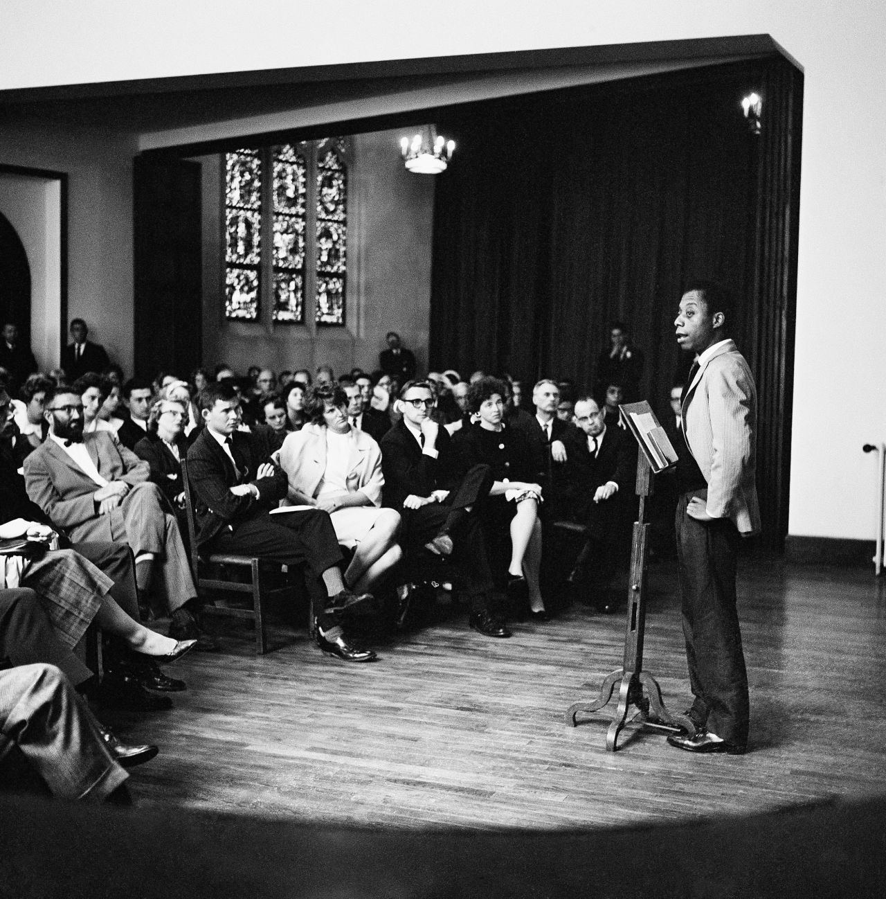 Author and activist James Baldwin gives a talk in Paris in 1963.