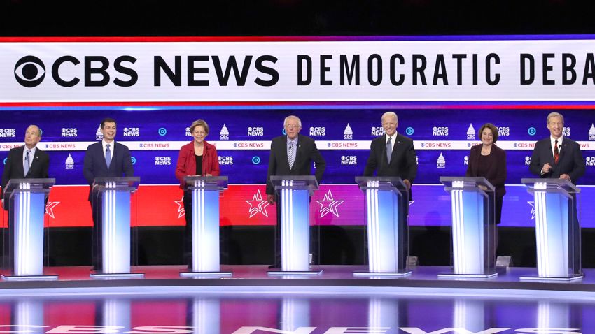 CHARLESTON, SOUTH CAROLINA - FEBRUARY 25: Democratic presidential candidates (L-R) former New York City Mayor Mike Bloomberg, former South Bend, Indiana Mayor Pete Buttigieg, Sen. Elizabeth Warren (D-MA), Sen. Bernie Sanders (I-VT), former Vice President Joe Biden, Sen. Amy Klobuchar (D-MN), and Tom Steyer participate in the Democratic presidential primary debate at the Charleston Gaillard Center on February 25, 2020 in Charleston, South Carolina. Seven candidates qualified for the debate, hosted by CBS News and Congressional Black Caucus Institute, ahead of South Carolina's primary in 4 days. (Photo by Win McNamee/Getty Images)