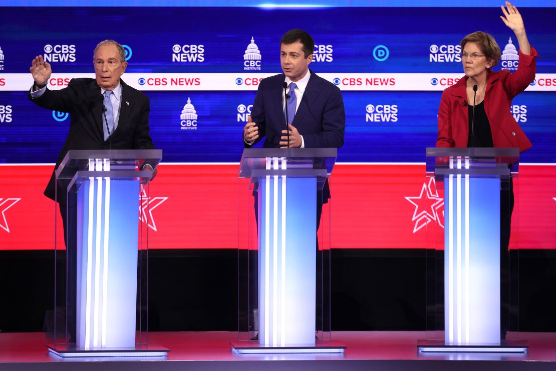 Democratic presidential candidate former South Bend, Indiana Mayor Pete Buttigieg speaks as former New York City Mayor Mike Bloomberg (L) 
 and Sen. Elizabeth Warren (D-MA) (R) looks on during the Democratic presidential primary debate at the Charleston Gaillard Center on February 25, 2020 in Charleston, South Carolina. 