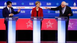 From left, Democratic presidential candidates, former South Bend Mayor Pete Buttigieg, Sen. Elizabeth Warren, D-Mass., and Sen. Bernie Sanders, I-Vt., participate in a Democratic presidential primary debate at the Gaillard Center, Tuesday, Feb. 25, 2020, in Charleston, S.C., co-hosted by CBS News and the Congressional Black Caucus Institute. (AP Photo/Patrick Semansky)