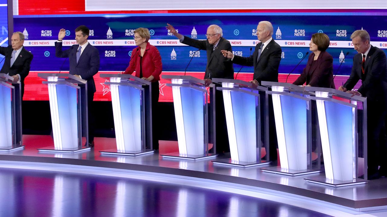 Democratic presidential candidates (L-R) former New York City Mayor Mike Bloomberg, former South Bend, Indiana Mayor Pete Buttigieg, Sen. Elizabeth Warren (D-MA), Sen. Bernie Sanders (I-VT), former Vice President Joe Biden, Sen. Amy Klobuchar (D-MN), and Tom Steyer participate in the Democratic presidential primary debate at the Charleston Gaillard Center on February 25, 2020 in Charleston, South Carolina.