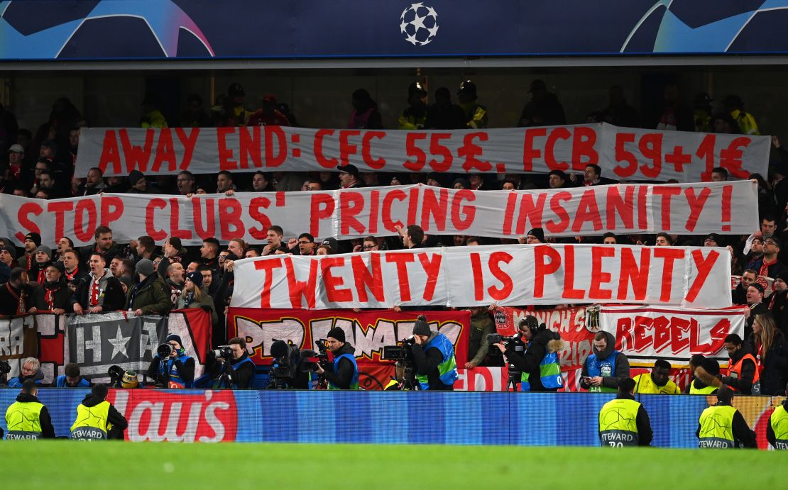 Bayern Munich fans display a banner in relation to ticket prices during the UEFA Champions League match against Chelsea.
