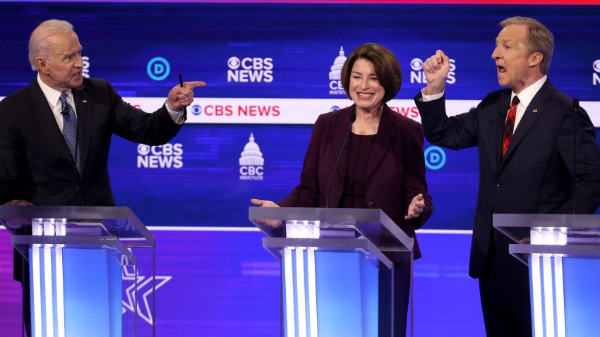 CHARLESTON, SOUTH CAROLINA - FEBRUARY 25: Democratic presidential candidates former Vice President Joe Biden (L) and Tom Steyer (R) debate as Sen. Amy Klobuchar (D-MN) reacts during the Democratic presidential primary debate at the Charleston Gaillard Center on February 25, 2020 in Charleston, South Carolina. Seven candidates qualified for the debate, hosted by CBS News and Congressional Black Caucus Institute, ahead of South Carolina's primary in four days.  (Photo by Win McNamee/Getty Images)