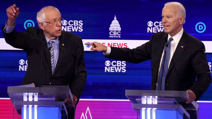 CHARLESTON, SOUTH CAROLINA - FEBRUARY 25: Democratic presidential candidate former Vice President Joe Biden speaks as Sen. Bernie Sanders (I-VT) (L) looks on during the Democratic presidential primary debate at the Charleston Gaillard Center on February 25, 2020 in Charleston, South Carolina. Seven candidates qualified for the debate, hosted by CBS News and Congressional Black Caucus Institute, ahead of South Carolina's primary in four days.  (Photo by Win McNamee/Getty Images)