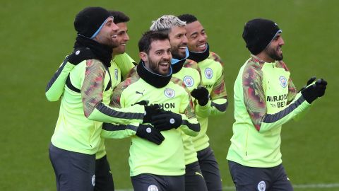 Manchester City players train ahead of their Champions League game against Real Madrid