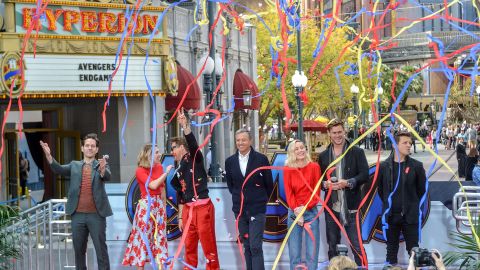 Iger and several stars from the "Avengers" series acknowledge the crowd in Anaheim, California, in 2019. They were announcing a donation of more than $5 million to nonprofits that support children with critical illnesses.