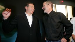 SAN FRANCISCO - SEPTEMBER 12:  Apple CEO Steve Jobs (R) shares a laugh with Walt Disney CEO Bob Iger during an Apple media event September 12, 2006 in San Francisco. Jobs announced new iPods and video downloads from iTunes as well as a sneak peek at a device tenatively called iTV which allows you to channel iTunes to your television and is expected out in early 2007.  (Photo by Justin Sullivan/Getty Images)