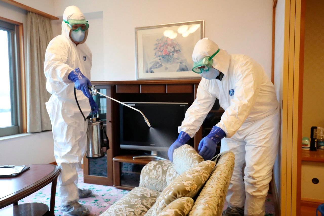 Staff disinfect a room in Hotel Mikazuki, in Japan's Chiba Prefecture, where Japanese evacuees from Wuhan stayed. 197 Japanese citizens had been flown out of the Chinese city, and stayed at the hotel for two weeks. They went home on February 13 after all testing negative for the coronavirus. Foreign nationals from at least 30 countries were flown out of Wuhan and other regions of China in January, amid growing travel restrictions and border closures.