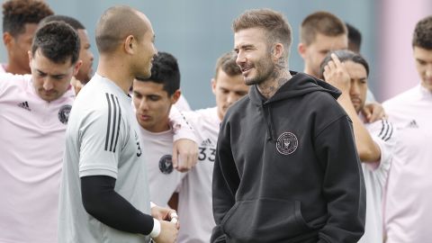 Beckham speaks with goalkeeper Luis Robles, who has been named Inter Miami club captain.