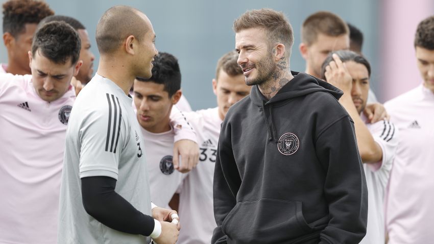 FORT LAUDERDALE, FLORIDA - FEBRUARY 25:  Owner and President of Soccer Operations David Beckham talks with goalie Luis Robles #31 after he was named club captain, during media availability at Inter Miami CF Stadium on February 25, 2020 in Fort Lauderdale, Florida. (Photo by Michael Reaves/Getty Images)