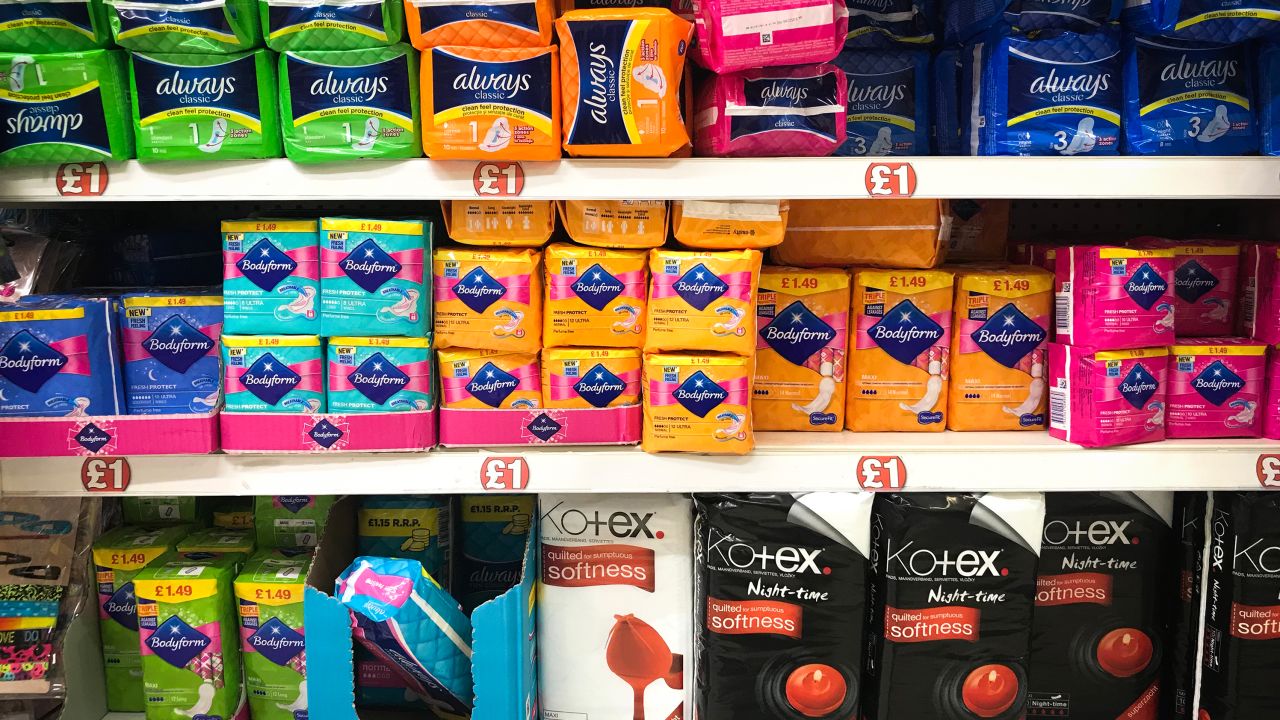 Sanitary products and tampons on sale in a supermarket in Glasgow.