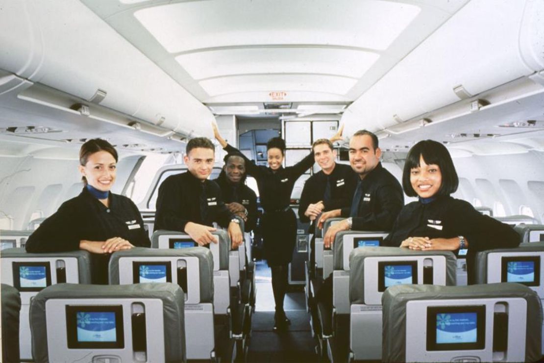 The original JetBlue cabin circa early 2000s, with its then-revolutionary five-inch seatback live satellite TV entertainment systems.