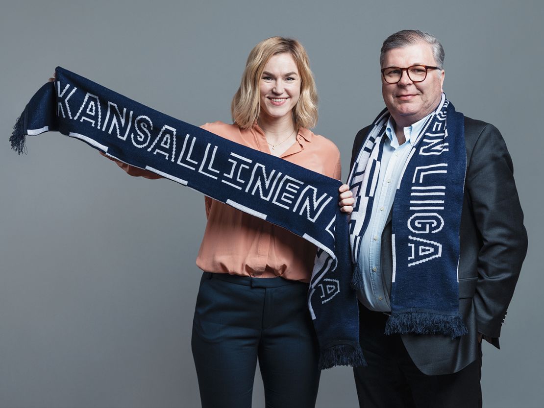 Heidi Pihlaja, head of women's football development of the Football Association of Finland, and Ari Lahti, president of the Football Association of Finland.