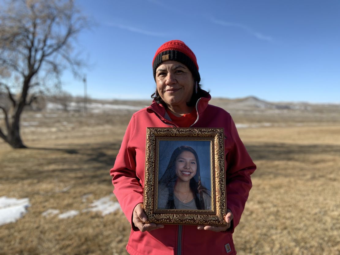 Cheryl Horn holds a picture of her niece, Selena Not Afraid, who went missing on the first day of 2020.