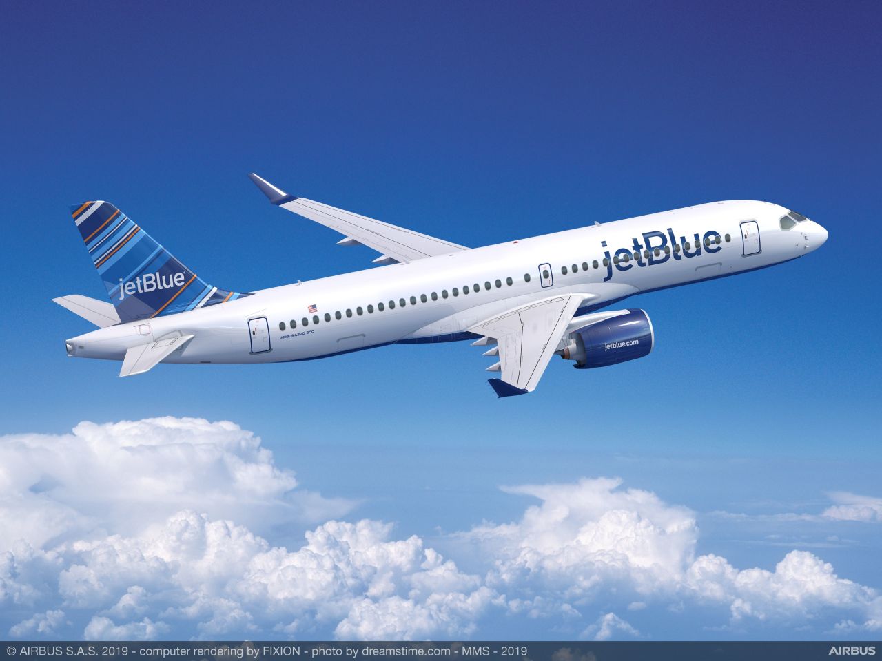 JetBlue is waiting on 60 Airbus A220-300 jetliners -- seen here in a rendering.