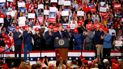 President Donald Trump speaks after bringing members of the 1980 U.S men's Olympic hockey team onstage during a campaign rally, Friday, Feb. 21, 2020, in Las Vegas. 