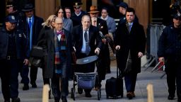 Harvey Weinstein leaves the Manhattan Criminal Court, as a jury continues with deliberations on February 21, 2020 in New York City. - The disgraced movie mogul, 67, faces life in prison if the jury of seven men and five women convict him of a variety of sexual misconduct charges in New York. (Photo by Johannes EISELE / AFP) (Photo by JOHANNES EISELE/AFP via Getty Images)