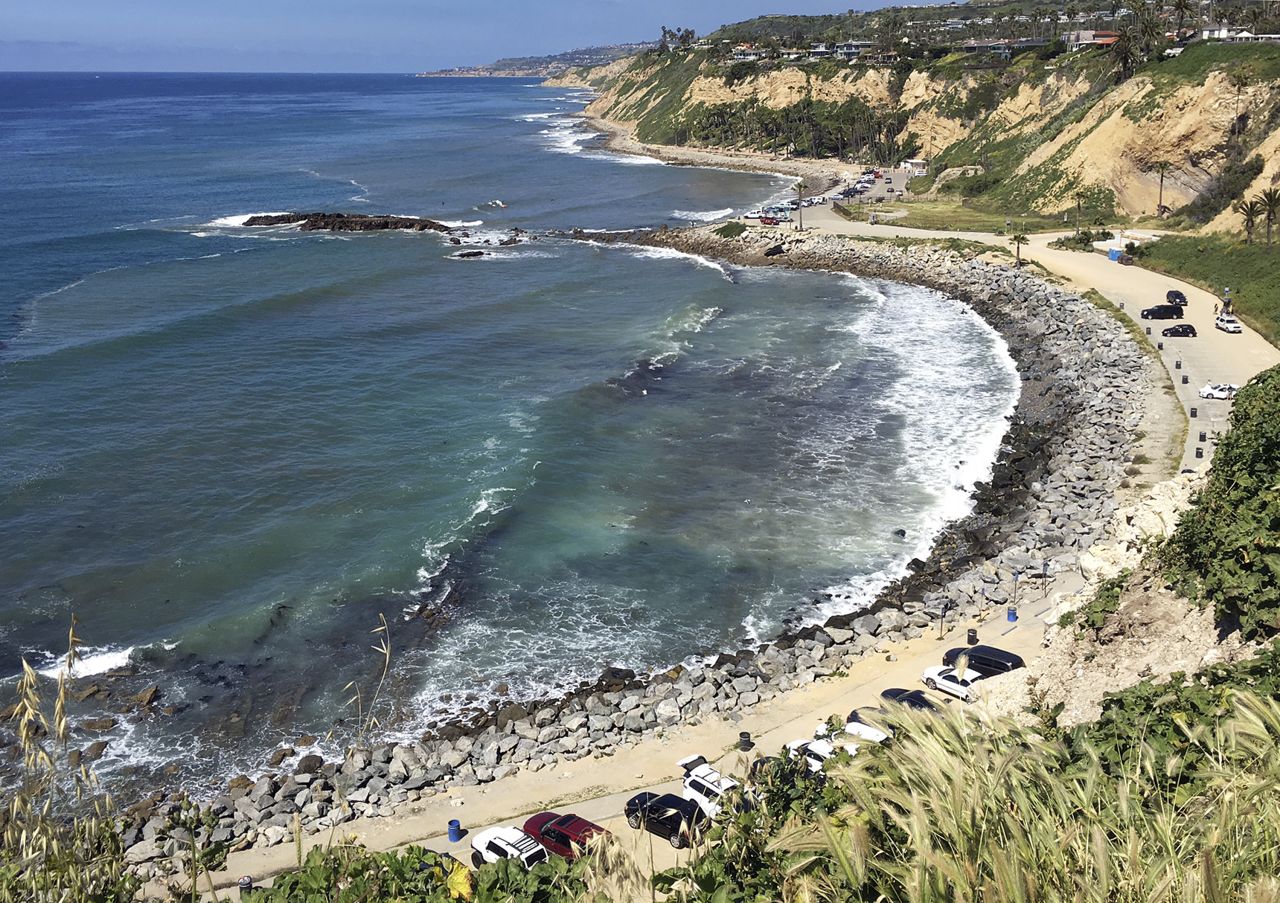 Royal Palms Beach in the San Pedro area of Los Angeles is shown in 2017 studded with boulders placed to stop erosion. 