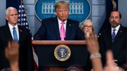 President Donald Trump, with members of the president's coronavirus task force, speaks during a news conference in the Brady Press Briefing Room of the White House, Wednesday, Feb. 26, 2020, in Washington. (AP Photo/Evan Vucci)