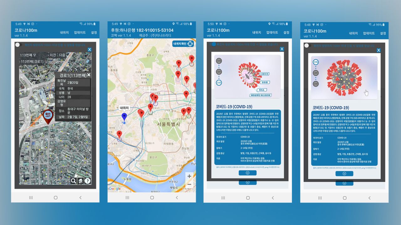 Corona 100m, a coronavirus app available in South Korea.