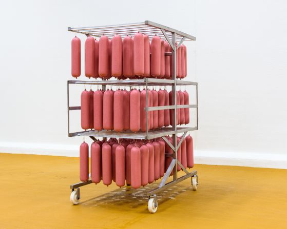 Freshly stuffed salami, before being cured and sliced, at a plant in G?l, Denmark.