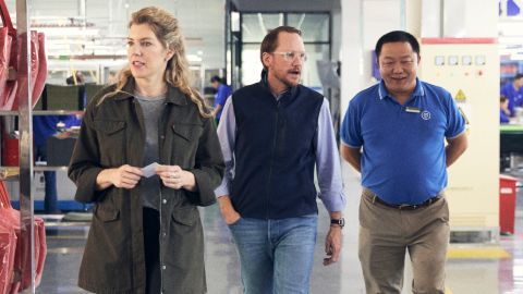 Lindsey Fahy, Rothy's brand marketing director [left], CEO Roth Martin, [center], Oscar Mao, Rothy's general manager [right] at the company's factory in China.