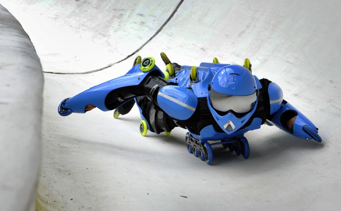 Jean-Yves Blondeau speeds down a bobsleigh track in Germany in 2010. 