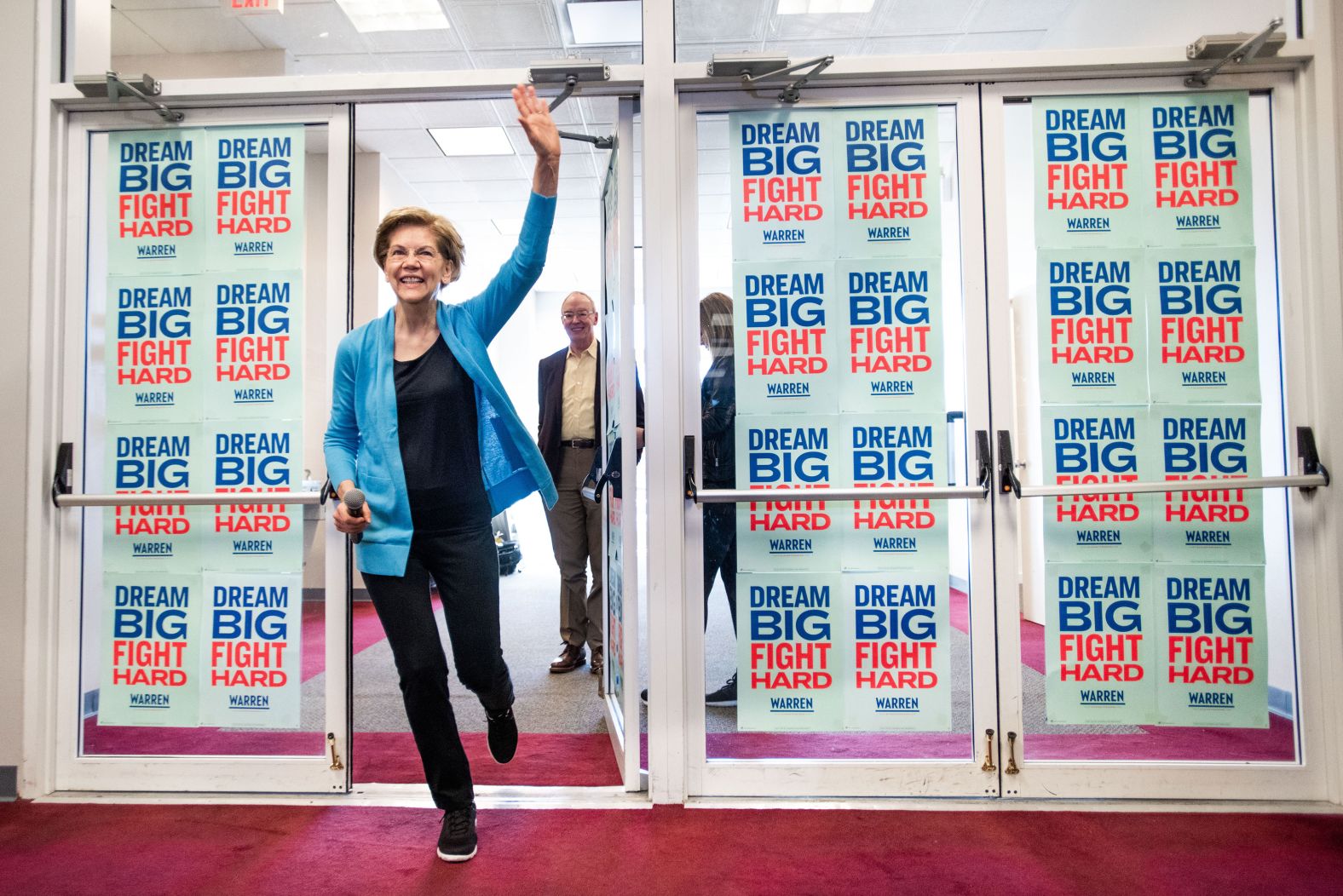 US Sen. Elizabeth Warren greets the crowd during a canvassing kickoff event in Columbia.