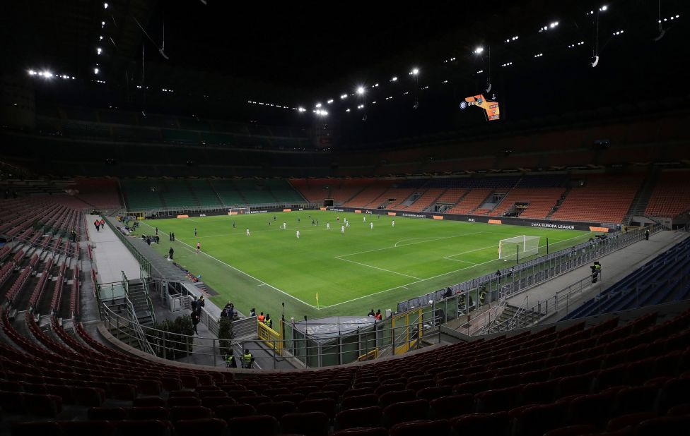 Inter Milan plays Ludogorets in an empty soccer stadium in Milan, Italy, on February 27, 2020. The match <a href="index.php?page=&url=https%3A%2F%2Fedition.cnn.com%2F2020%2F02%2F28%2Ffootball%2Finter-milan-coronavirus-ludogorets-football-spt-intl%2Findex.html" target="_blank">was ordered to be played behind closed doors</a> as Italian authorities continued to grapple with the coronavirus outbreak.