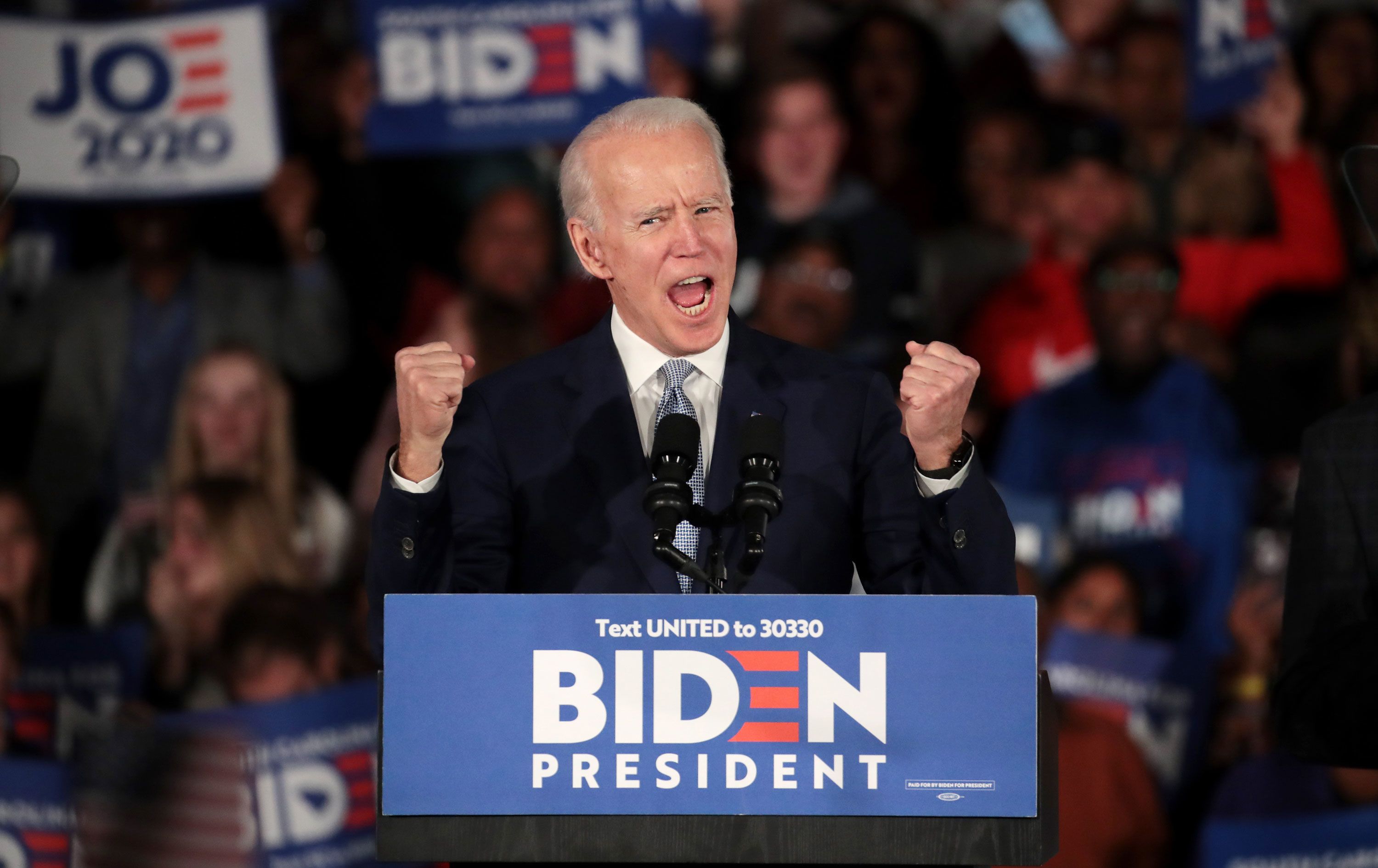 Former Vice President Joe Biden speaks at his primary night event in Columbia, South Carolina, on Saturday. His victory in the Palmetto State is his first-ever win in a presidential primary.
