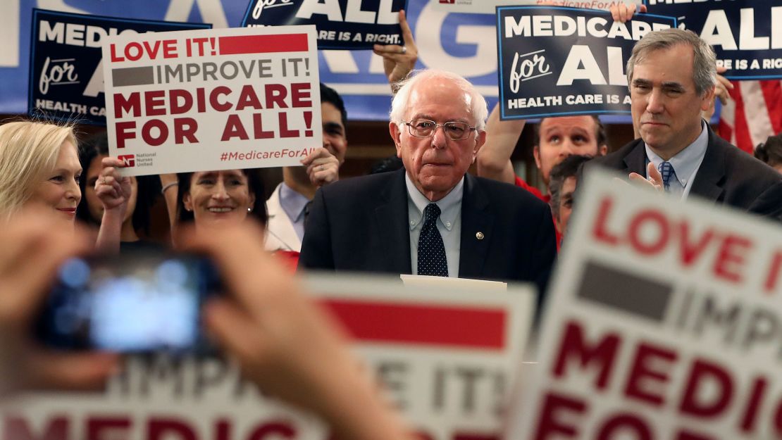 Sanders (I-VT) speaks while introducing health care legislation titled the "Medicare for All Act of 2019" with Sen. Kirsten Gillibrand (D-NY) and Sen. Jeff Merkley (D-OR), during a news conference on Capitol Hill, on April 9, 2019 in Washington, DC.  