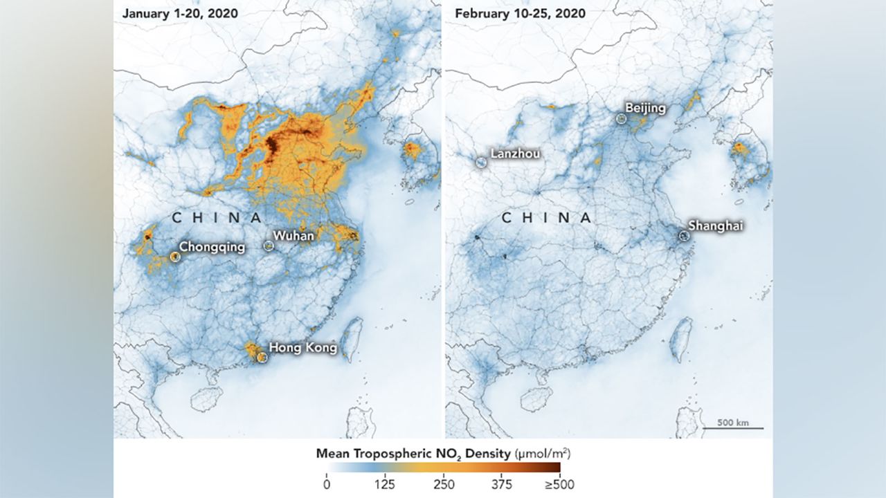The satellite images have detected a significant decreases in nitrogen dioxide over China. 