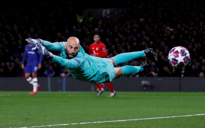 Chelsea goalkeeper Willy Caballero attempts a save during the game against Bayern Munich in Stamford Bridge, London, on February 25. Munich beat Chelsea 3-0.