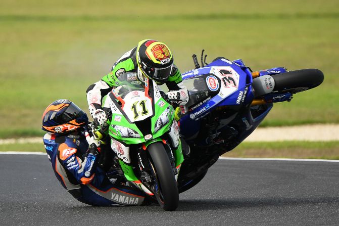 United States' Garrett Gerloff, No. 31, and Germany's Sandro Cortese, No. 11, crash during the 2020 Superbike World Championship in Phillip Island, Australia, on March 1.